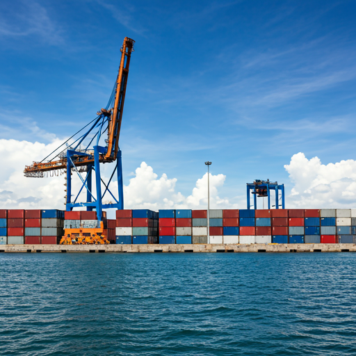 Terminal de carga industrial con grúas y contenedores en un puerto venezolano